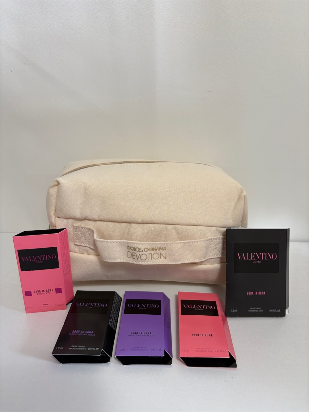 Dolce & Gabbana Devotion Beige Canvas Pouch with Valentino Born in Roma samples